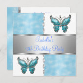 女の子の誕生日パーティバタフライブルーホワイトフラワー 招待状 (正面/裏面)