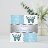 女の子の誕生日パーティバタフライブルーホワイトフラワー 招待状 (スタンド正面)