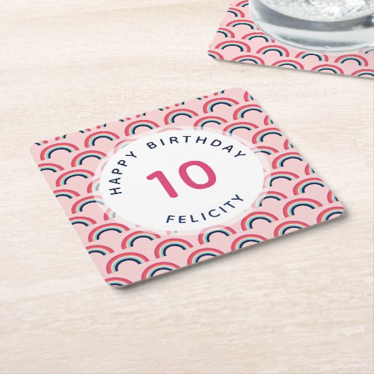 女の子の誕生日パーティパーソナライズされたー名エージピンク スクエアペーパーコースター (アングル)
