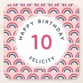 女の子の誕生日パーティパーソナライズされたー名エージピンク スクエアペーパーコースター