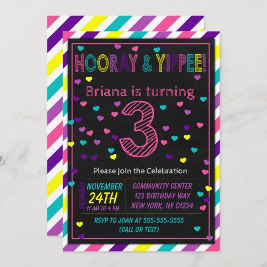 女の子の誕生日パーティーのための第3の招待状 招待状 (正面/裏面)