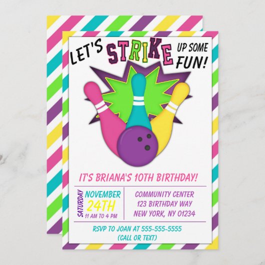 女の子の誕生日パーティーのボーリング招待状 招待状 (正面/裏面)