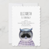 女の子の誕生日パーティーの招待。水色フクロウ 招待状 (正面)