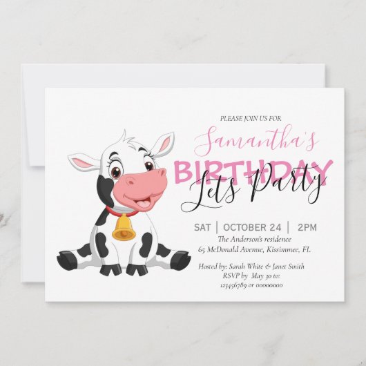 女の子の誕生日パーティーの牛の招待 案内状 (正面)