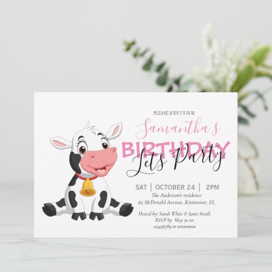 女の子の誕生日パーティーの牛の招待 案内状 (スタンド正面)