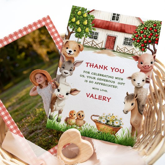 女の子の誕生日パーティーの農場の動物たちとの写真 サンキューカード