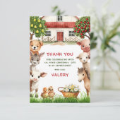 女の子の誕生日パーティーの農場の動物たちとの写真 サンキューカード (スタンド正面)