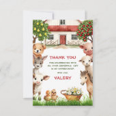 女の子の誕生日パーティーの農場動物の写真 サンキューカード (正面)