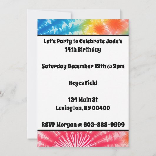 女の子の誕生日パーティーパーソナライズされたティ – 染料レインボー 招待状 (裏面)