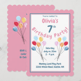 女の子の誕生日パーティーピンクバルーン 招待状