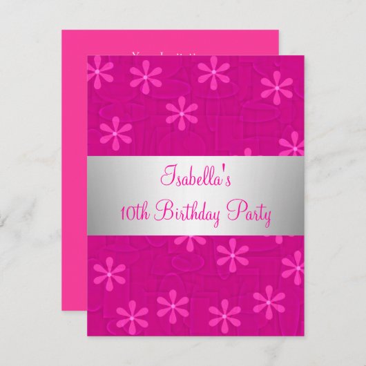 女の子の誕生日パーティー熱いピンクの花 招待状 (正面/裏面)