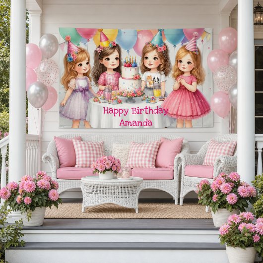 女の子の誕生日パーティー用ピンクのオーダーメイド 横断幕