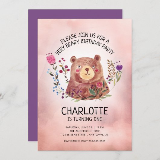 女の子の誕生日パーティー かわいいクマと花 招待状 (正面/裏面)