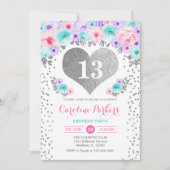 女の子の誕生日パーティー – シルバーティール(緑がかった色)パープルピンク 招待状 (正面)