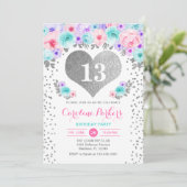 女の子の誕生日パーティー – シルバーティール（緑がかった色）パープルピンク 招待状 (スタンド正面)