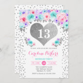 女の子の誕生日パーティー – シルバーティール（緑がかった色）パープルピンク 招待状 (正面/裏面)