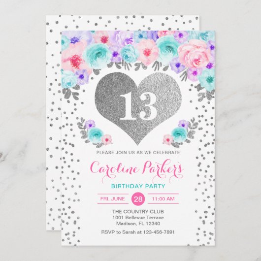 女の子の誕生日パーティー – シルバーティール(緑がかった色)パープルピンク 招待状 (正面/裏面)