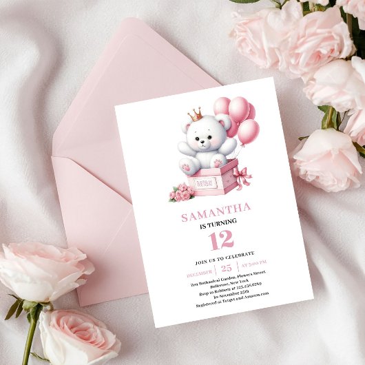 女の子の誕生日パーティー テディベア ピンク アイボリー 風船 招待状