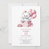 女の子の誕生日パーティー テディベア ピンク アイボリー 風船 招待状 (正面)