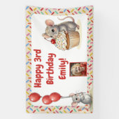 女の子の誕生日パーティー | ネズミとカップケーキの写真 横断幕 (縦)