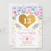 女の子の誕生日パーティー – 金ゴールドハートティール（緑がかった色）パープルピンク 招待状 (正面)