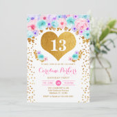 女の子の誕生日パーティー – 金ゴールドハートティール（緑がかった色）パープルピンク 招待状 (スタンド正面)