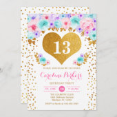 女の子の誕生日パーティー – 金ゴールドハートティール（緑がかった色）パープルピンク 招待状 (正面/裏面)