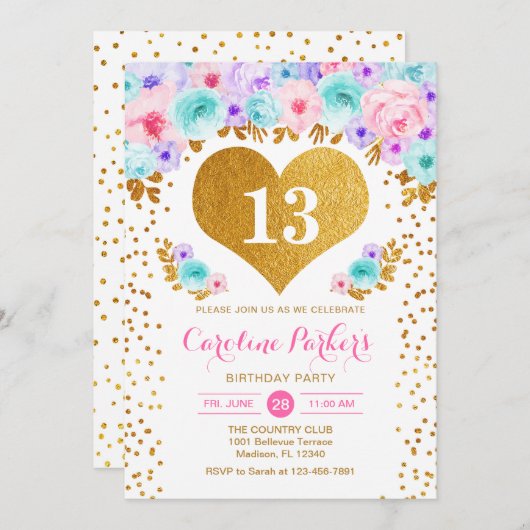 女の子の誕生日パーティー – 金ゴールドハートティール(緑がかった色)パープルピンク 招待状 (正面/裏面)