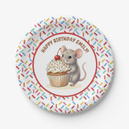 女の子の誕生日パーティ | ネズミとカップケーキ ペーパープレート