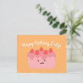 女の子の誕生日ピンクのイチゴケーキのお祝い ポストカード (スタンド正面)