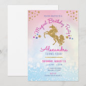 女の子の誕生日ピンクゴールドユニコーングリッター招待状 招待状 (正面/裏面)