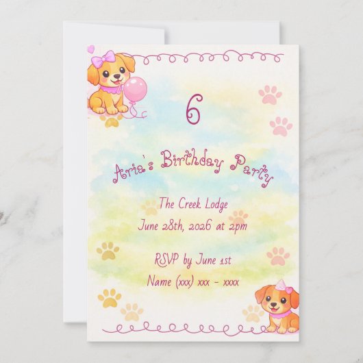 女の子の誕生日招待状 子犬のテーマ 招待状 (正面)