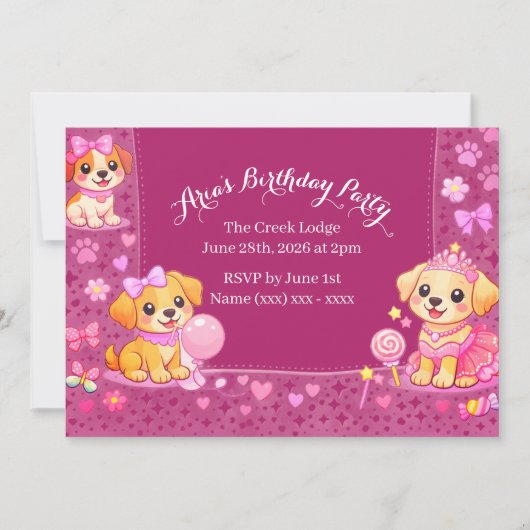 女の子の誕生日招待状 子犬のテーマ 招待状 (正面)