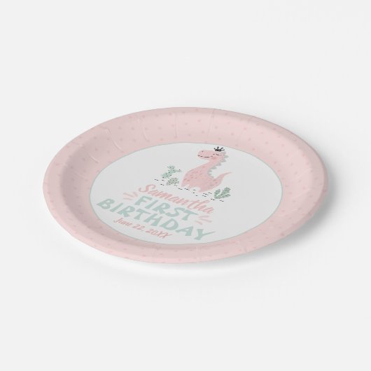 女の子の誕生日水色ピンク&ターコイズ恐竜 ペーパープレート (アングル)