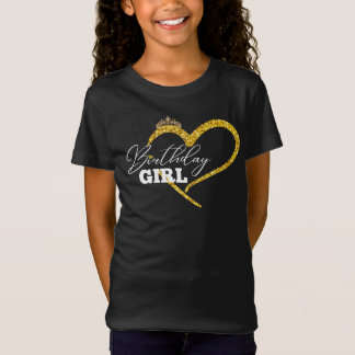 女の子の誕生日 ゴールドラメ ハート クラウン デザイン Tシャツ