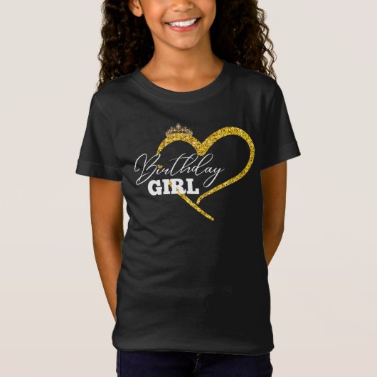 女の子の誕生日 ゴールドラメ ハート クラウン デザイン Tシャツ (正面)