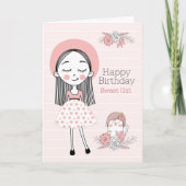 女の子の誕生日 - 名前と猫のピンクとブラック カード (正面)