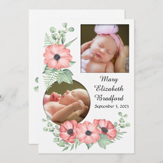 女の子の誕生発表フラワーフォトカード 案内状 (正面/裏面)