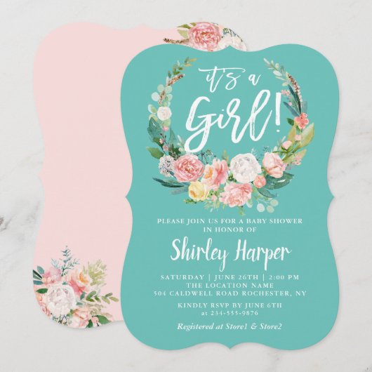 女の子の誕生 ティール ピンク 花のリース ベビーシャワー 招待状 (正面/裏面)