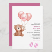 女の子の誕生 テディベア風船 ベビーシャワー 招待状 (正面/裏面)