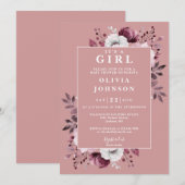 女の子の誕生 ドゥスティ ローズ エレガント フラワー ベイビー シャワー 招待状 (正面/裏面)