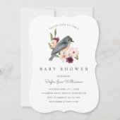 女の子の誕生 ピンクの水彩花と小さな鳥 招待状 (正面)