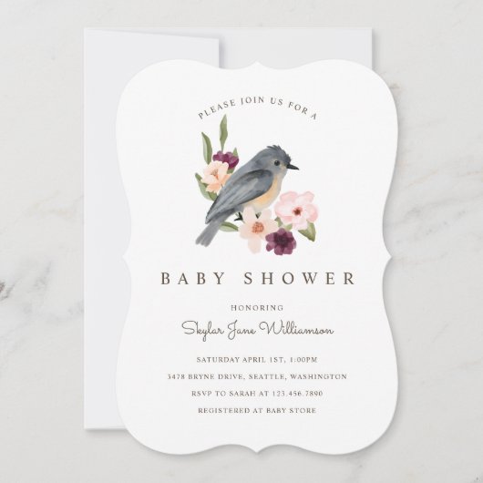 女の子の誕生 ピンクの水彩花と小さな鳥 招待状 (正面)