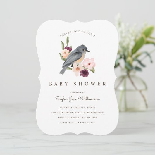 女の子の誕生 ピンクの水彩花と小さな鳥 招待状 (スタンド正面)