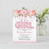女の子の誕生 ピンクの花のベビーシャワー 招待状 (スタンド正面)