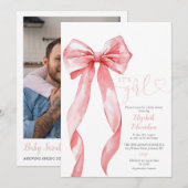 女の子の誕生 ピンクの蝶リボン ベイビーシャワー フォト QRコード 招待状 (正面/裏面)