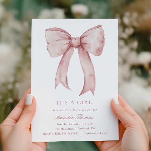 女の子の誕生 ピンクの蝶リボン 女の子のベイビーシャワー 招待状