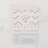 女の子の誕生 ピンク/グレー チェブロン ベイビーシャワー 招待状 (正面/裏面)