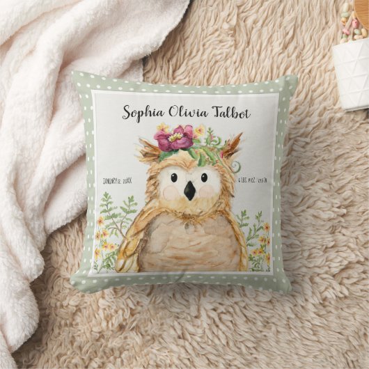 女の子の誕生Statsのフクロウの水彩画の森林動物 クッション (ブランケット)
