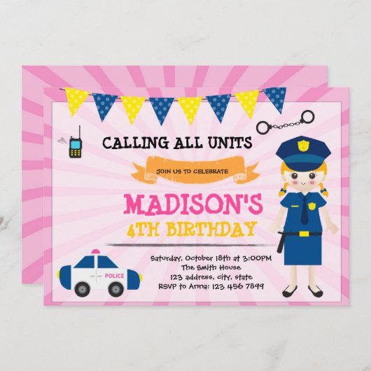 女の子の警官の誕生日の招待 招待状 (正面/裏面)